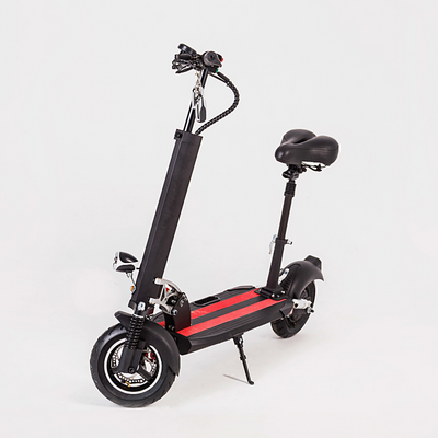 A black and red colored sit down electric scooter on white background