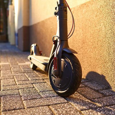Black electric scooter parked in the sidewalk